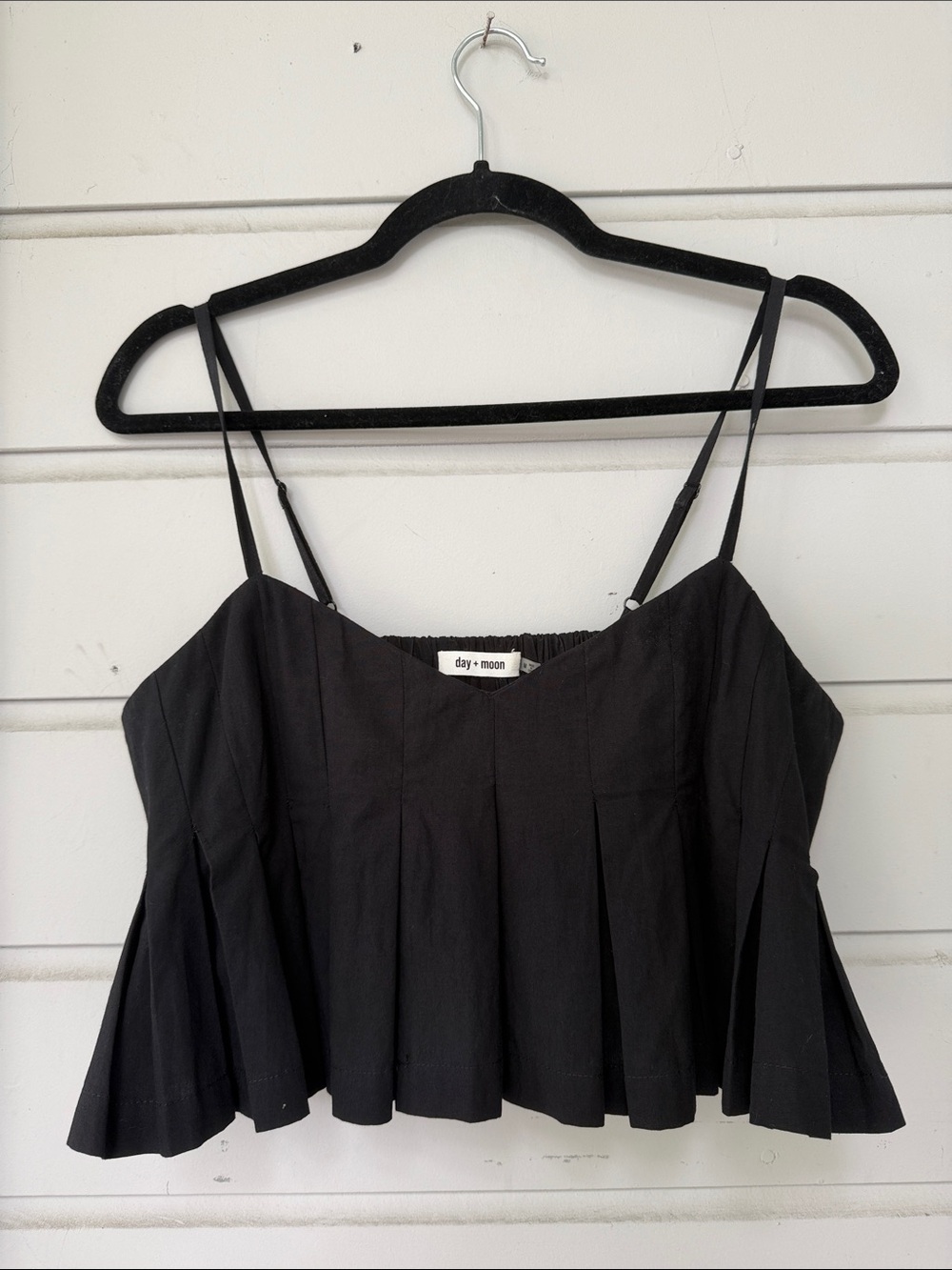 Day + Moon Black Pleated Spaghetti-Strap Camisole Top